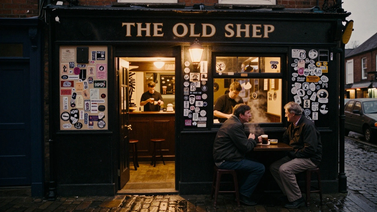 Cozy dim pub interior with sticker-covered walls and bartender pouring beer