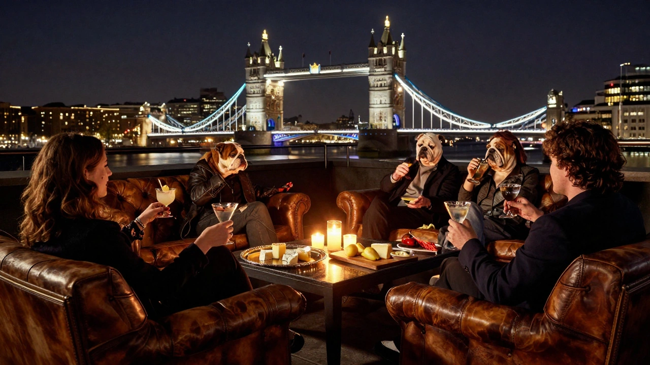 Cozy夜晚 at The Ned’s rooftop with fireplace, leather sofas, and London skyline sparkling in the background.