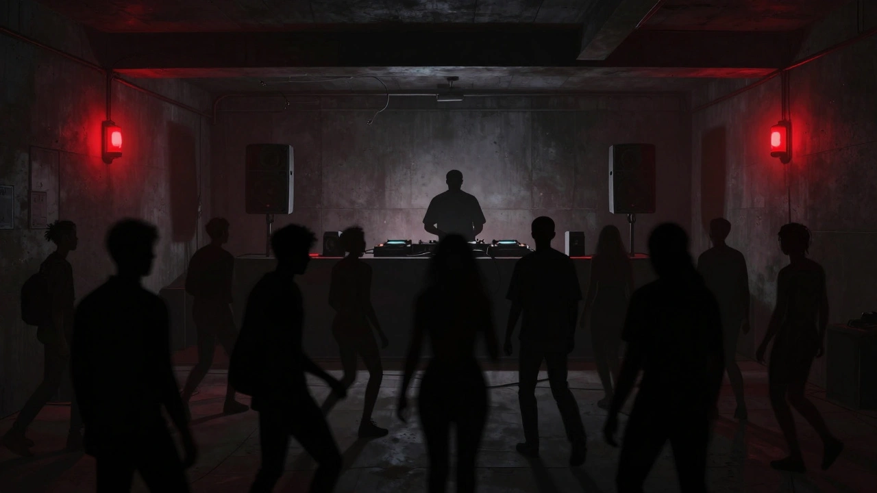 Dark underground club scene with silhouetted crowd and glowing DJ booth at Fabric