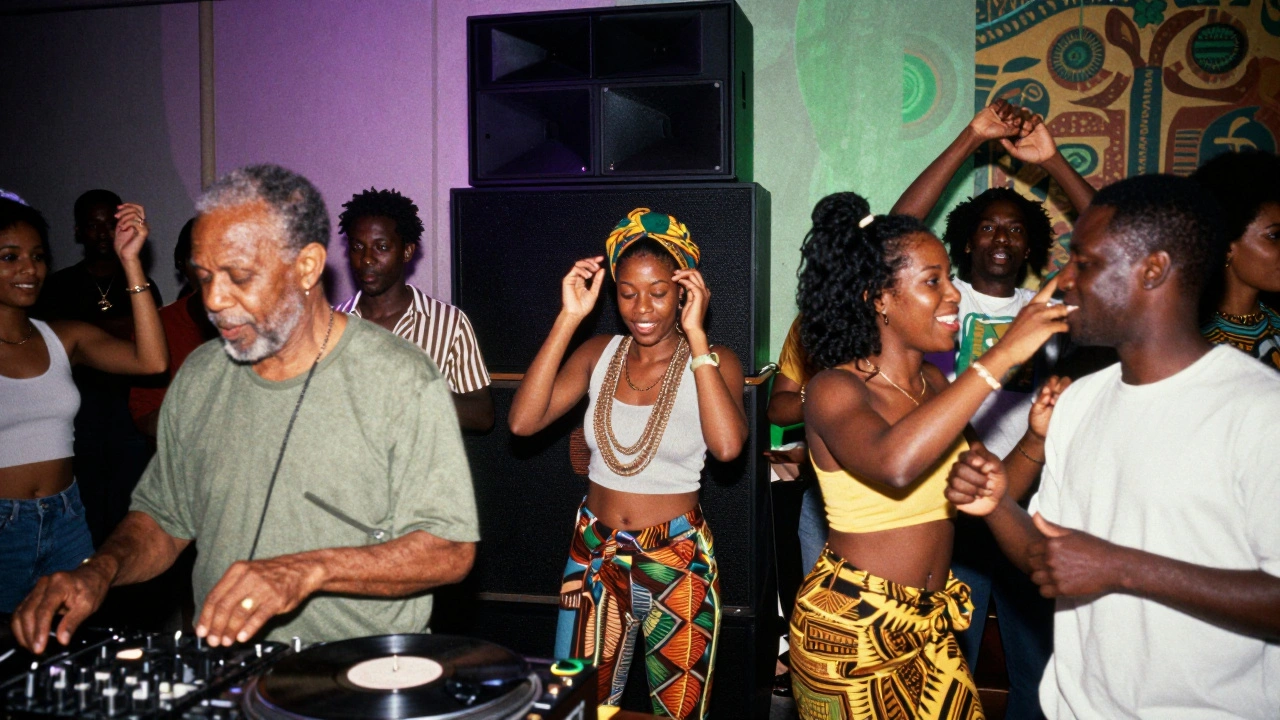 Diverse crowd dancing at a Brixton club with vinyl turntables and vibrant Afro-Caribbean light projections.
