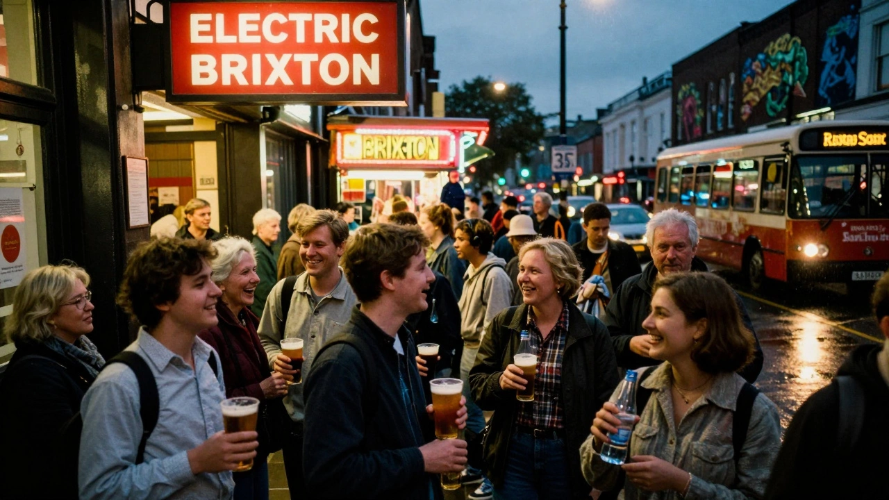 Diverse group exiting Electric Brixton at night near Brixton Market with bus and street art