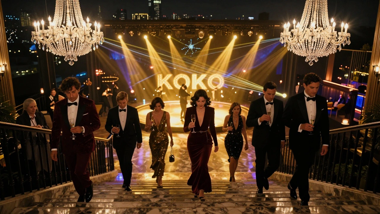 Elegant guests descending a grand staircase at KOKO with chandeliers and laser lights