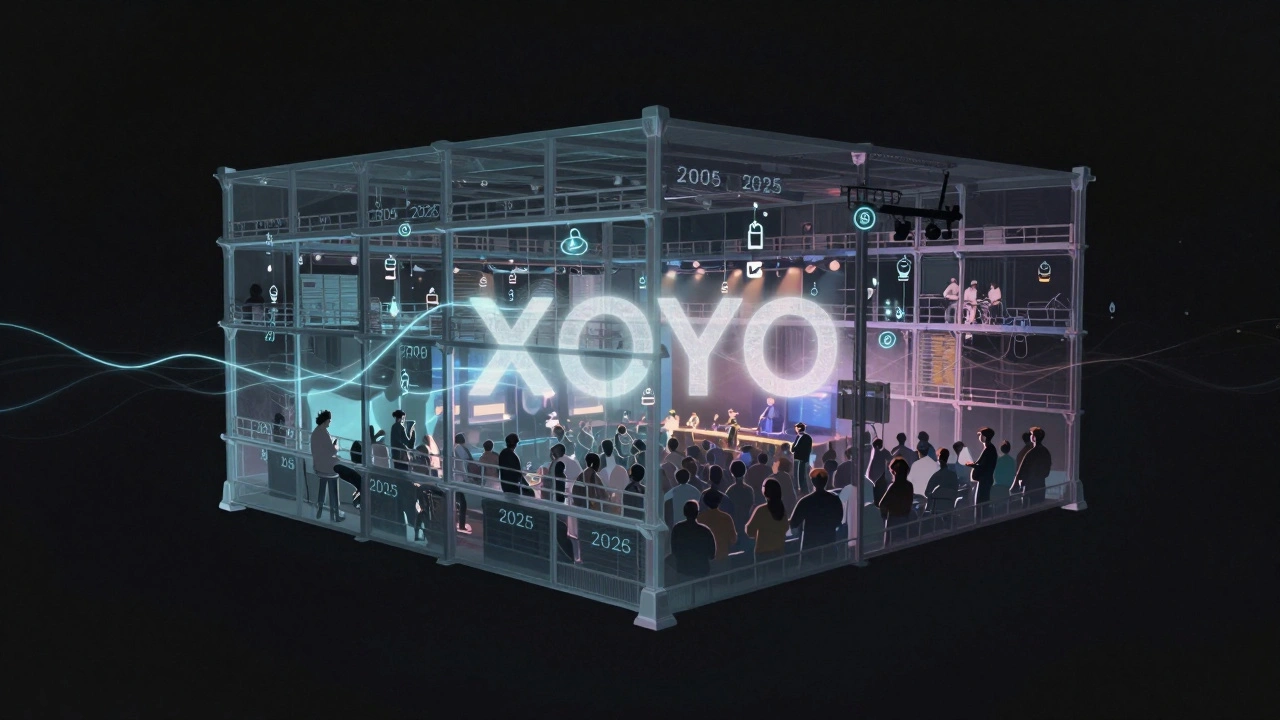 Ethereal warehouse glowing with layered memories of live music performances over time.