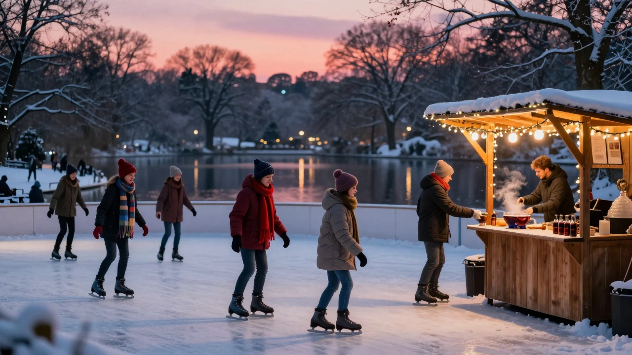Families skate on a lit ice rink in Hyde Park during winter, surrounded by fairy lights and mulled wine stalls.