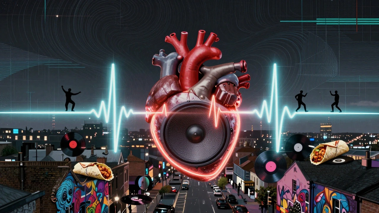 Glowing bass speaker shaped like a heart radiating soundwaves through Brixton neighborhood