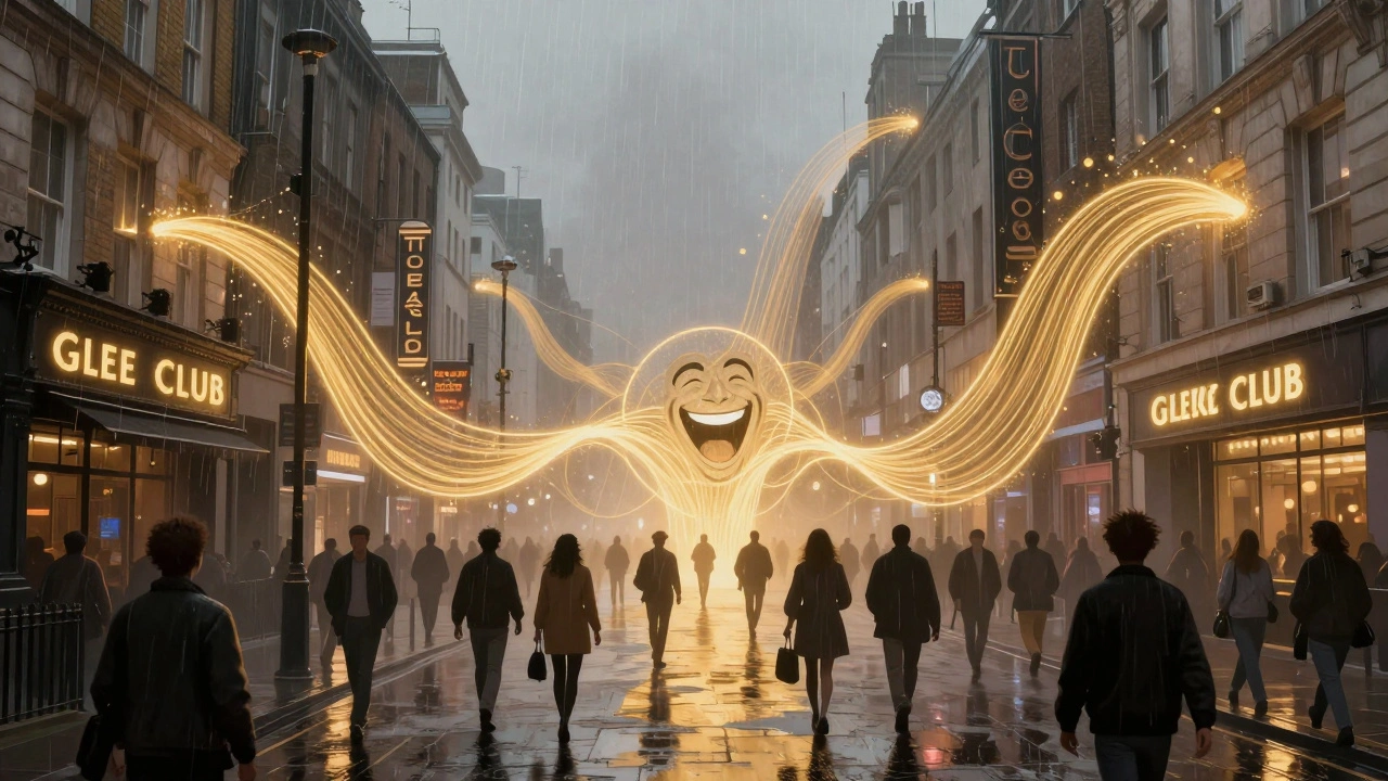 Golden waves of laughter connecting London comedy venues through a rainy cityscape.