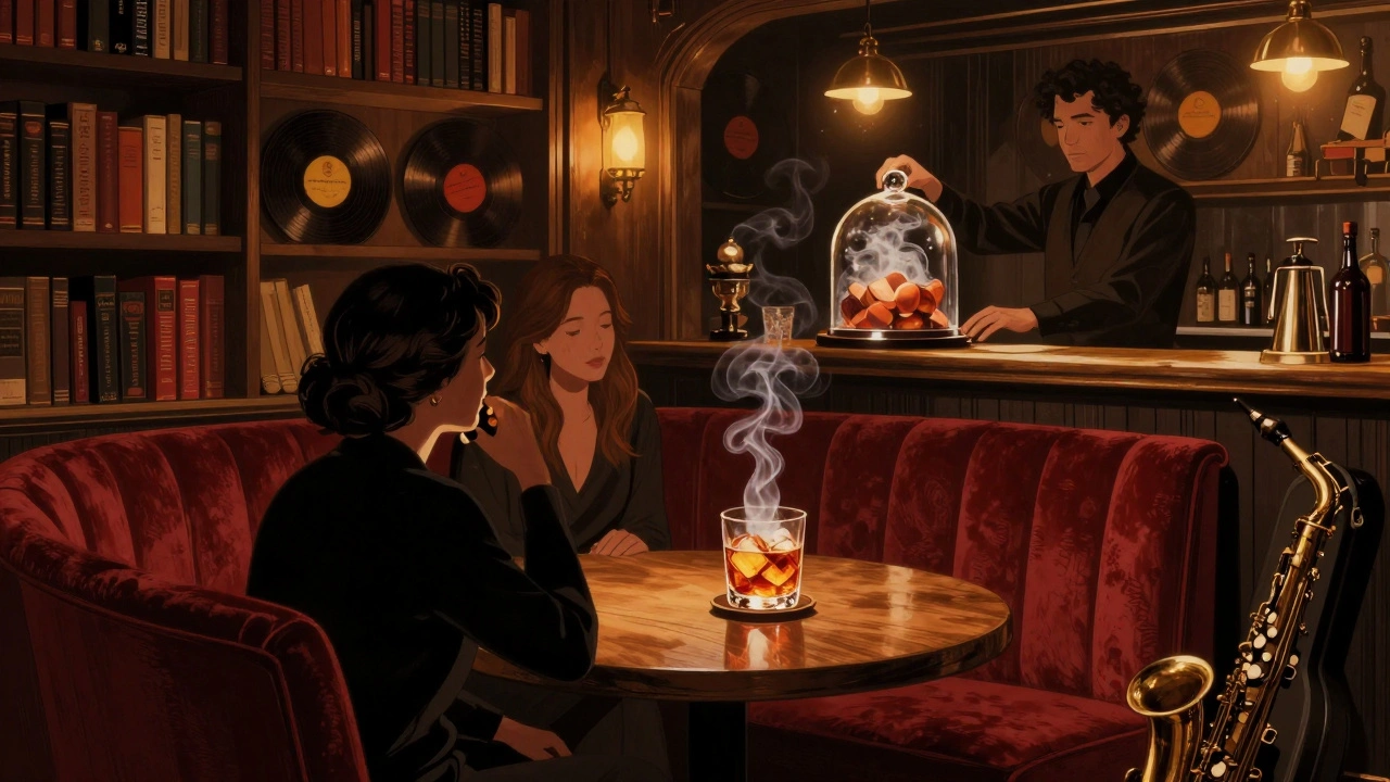 Hidden speakeasy bar where a bartender reveals a smoky cocktail under a glass dome.
