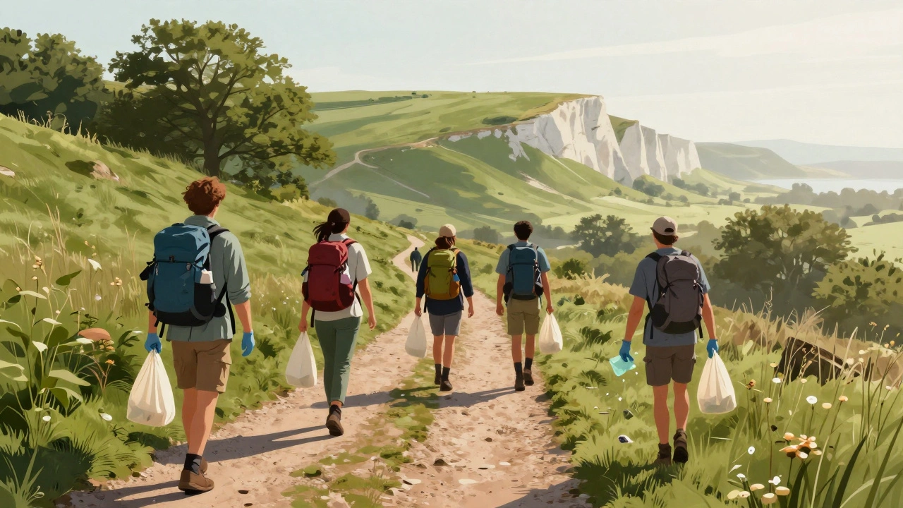 Hikers following marked trails on the South Downs Way, picking up litter with reusable bags and no signs of erosion.
