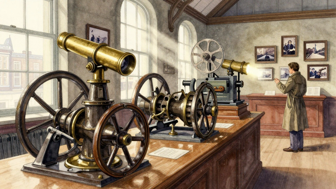 Interior of Tower Bridge Exhibition with vintage steam engines and brass telescopes under soft daylight.