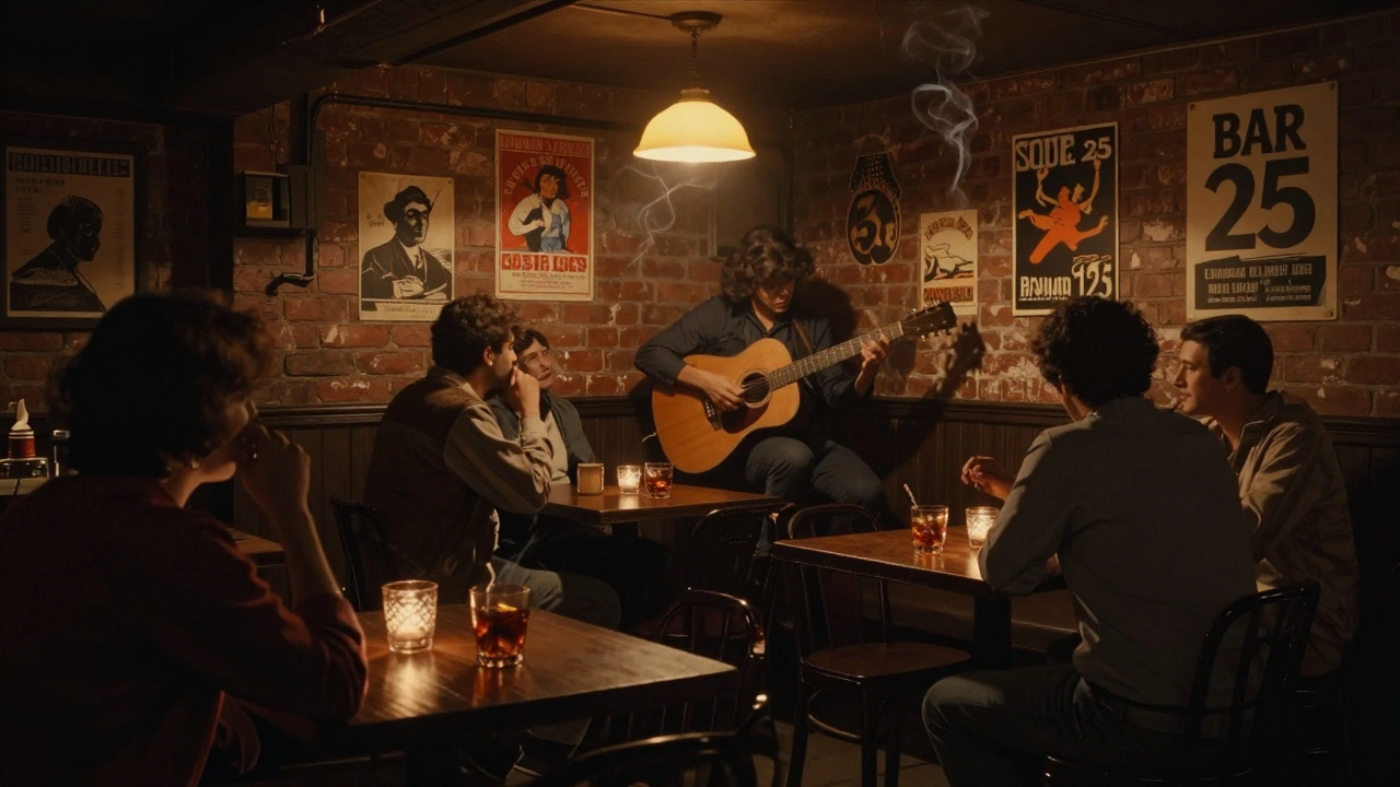 Intimate basement bar in Soho with a guitarist playing acoustic music, patrons sipping whiskey in warm amber light.