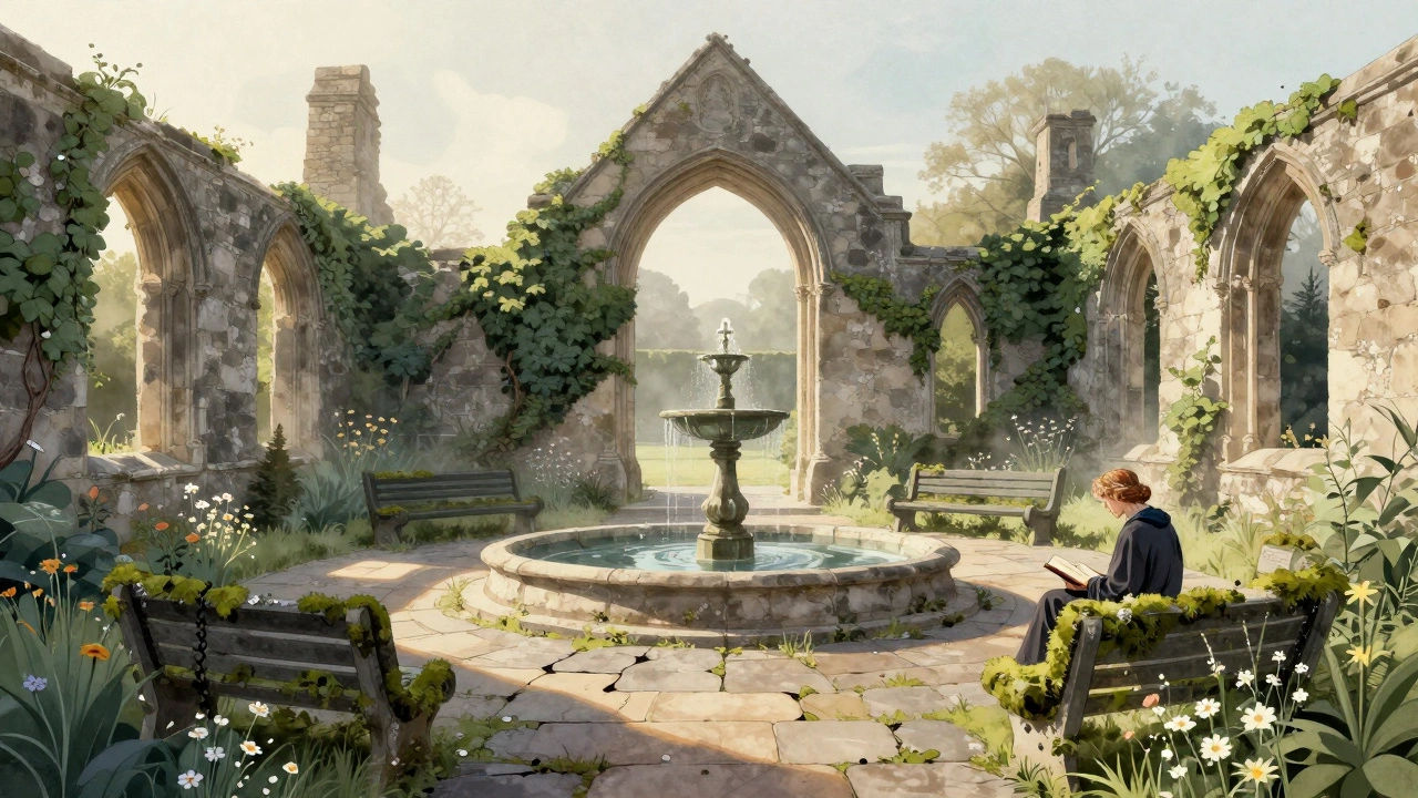 Ivy-covered ruins of a church turned garden with a fountain and quiet reader