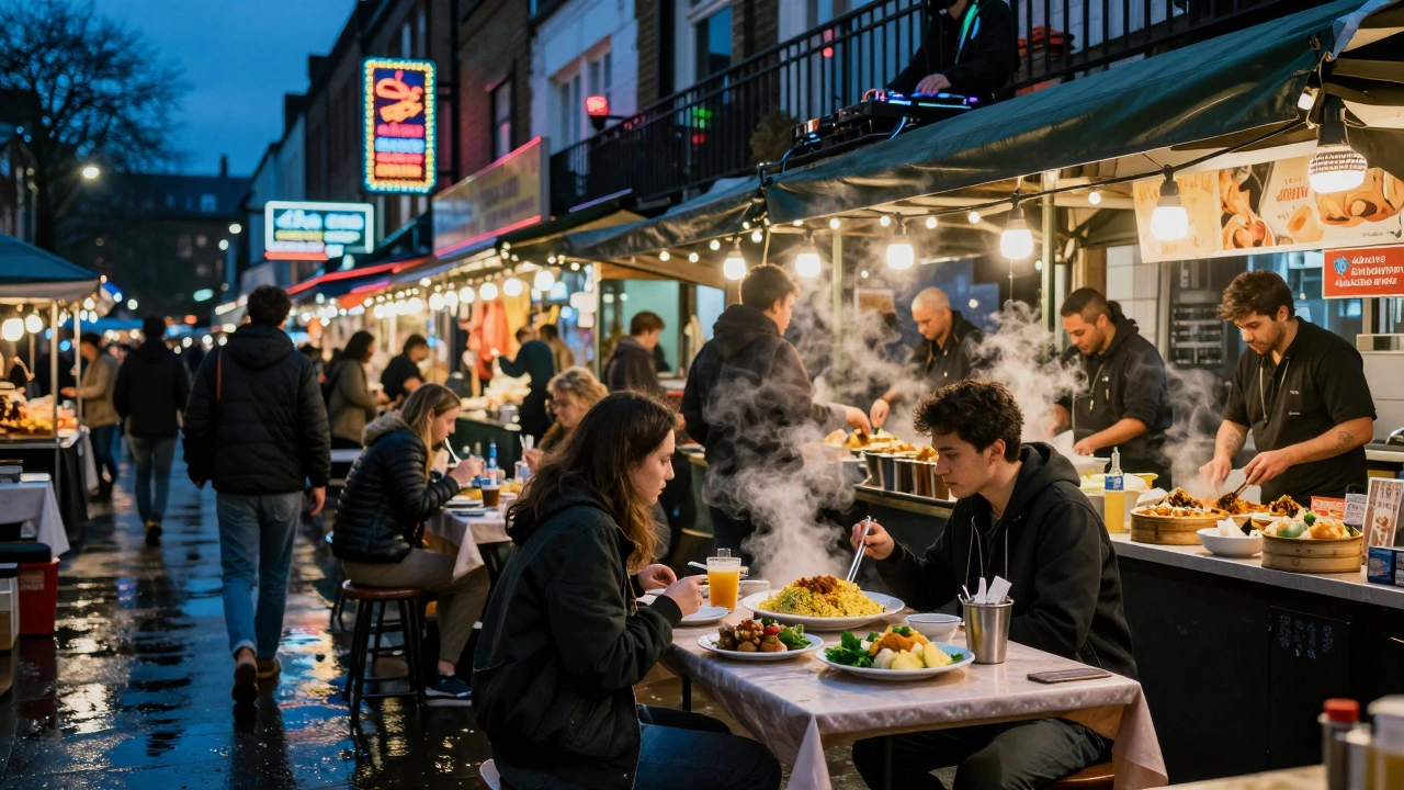 Late-night food market in Peckham with steaming dishes, a DJ on a balcony, and string lights above.