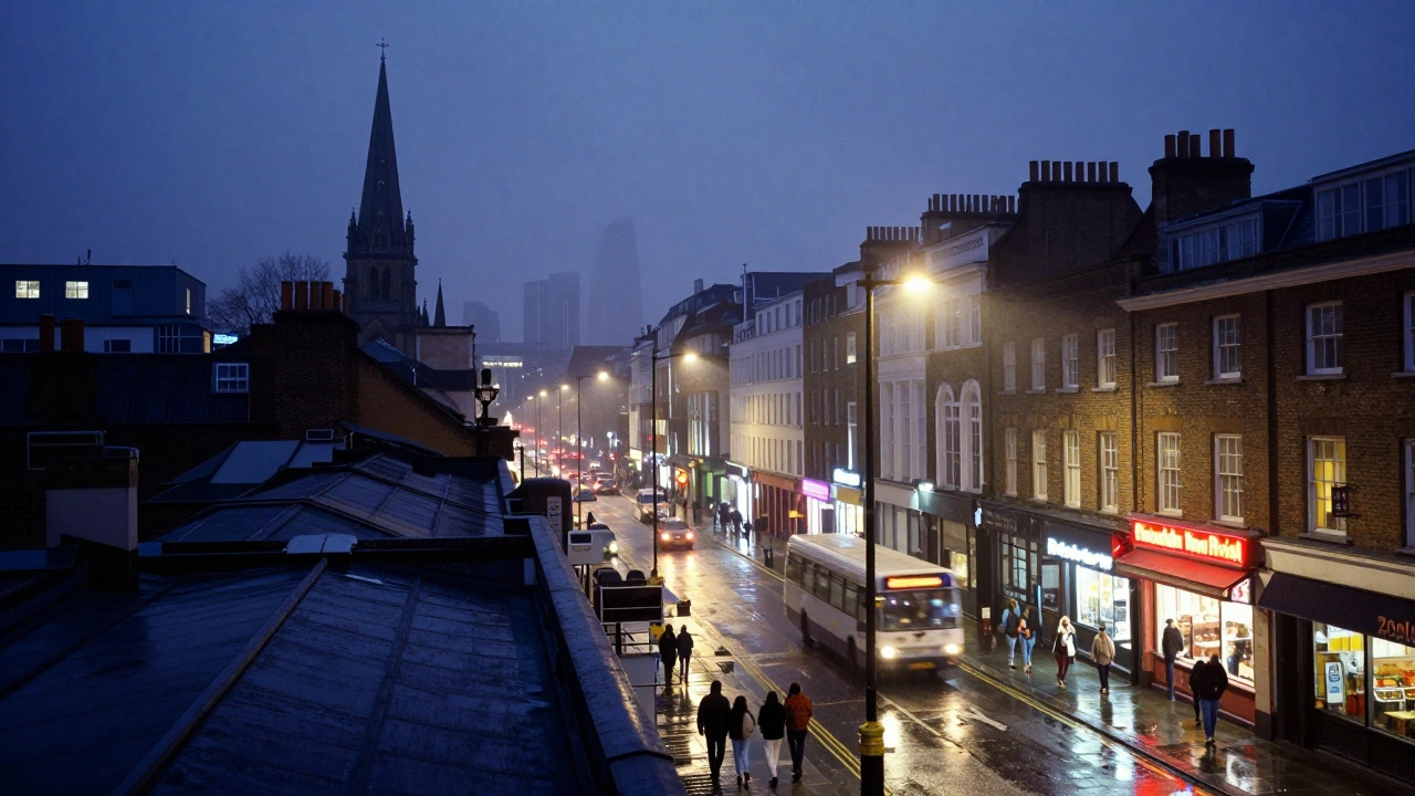 London streets at 4 a.m. with glowing neon, a night bus, and walkers under misty lamplight.
