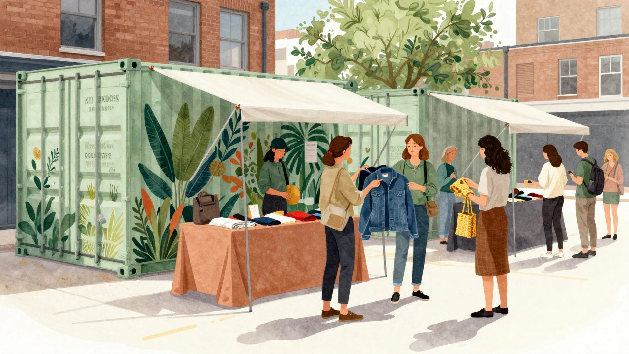 People exchanging clothes at a sustainable swap event in a recycled container market.