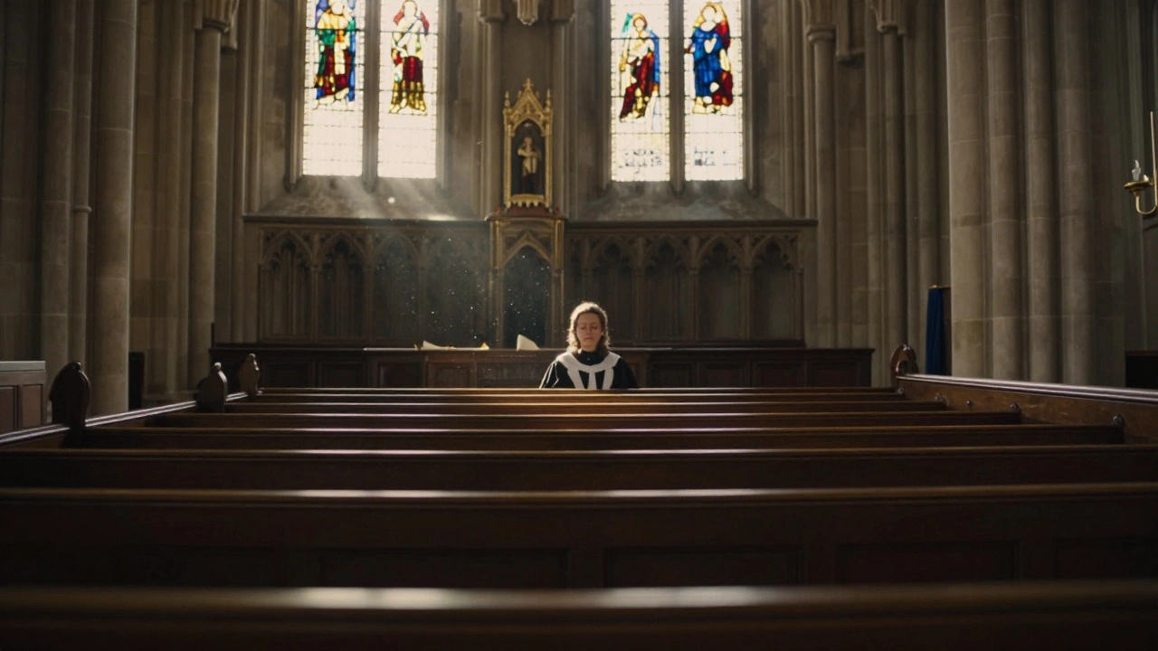 Quiet moment in Westminster Abbey during morning service, sunlight through stained glass.