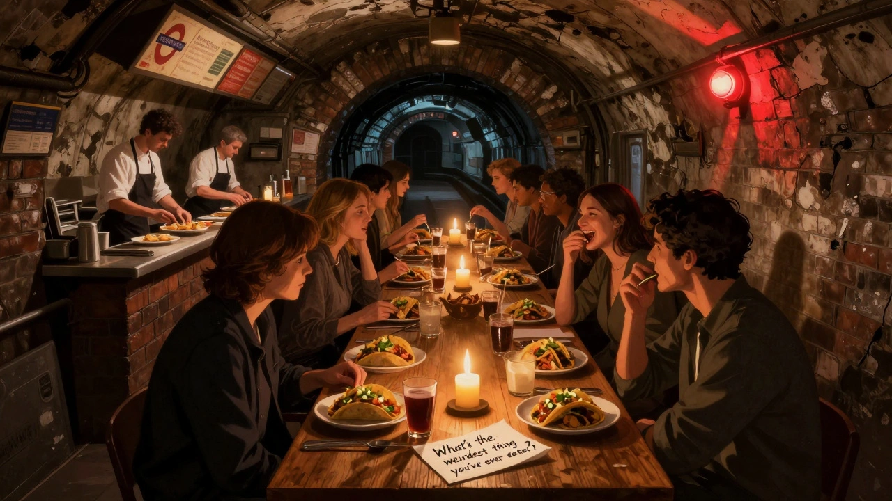 Secret supper club in a tunnel lit by candles, diners sharing fusion tacos under brick arches.