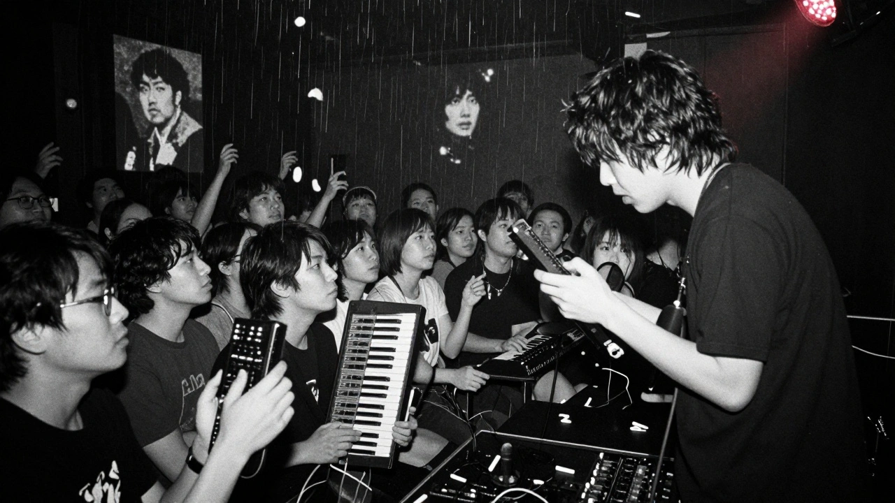 Silent audience transfixed by a noise artist’s experimental performance in a dark club.