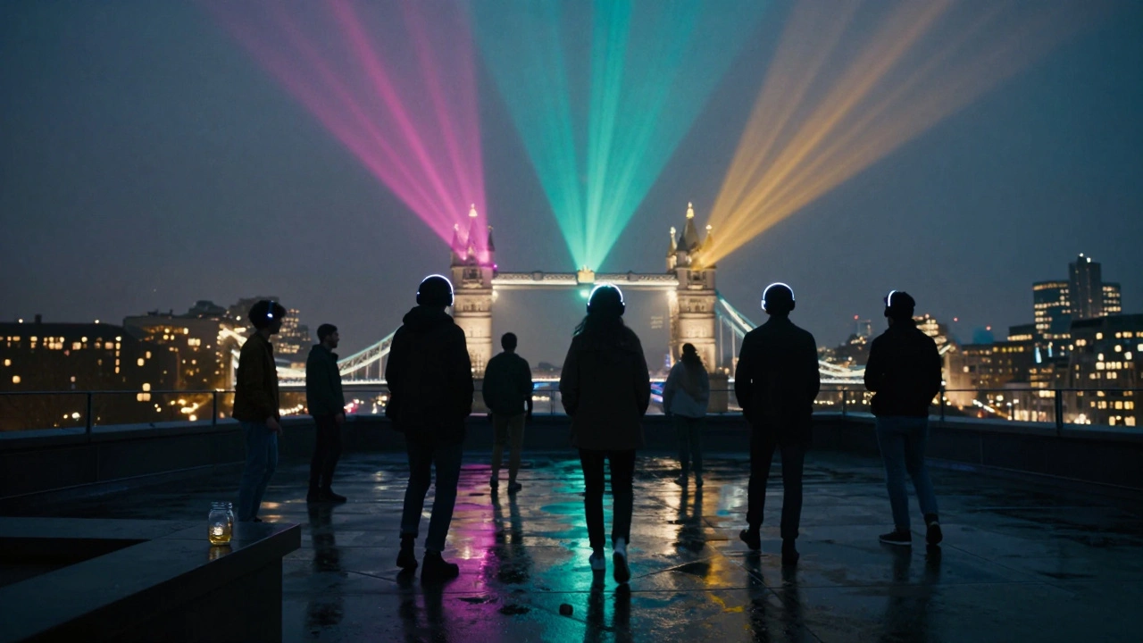 Silent disco on a London rooftop at night, silhouetted dancers under glowing headphones and city lights.