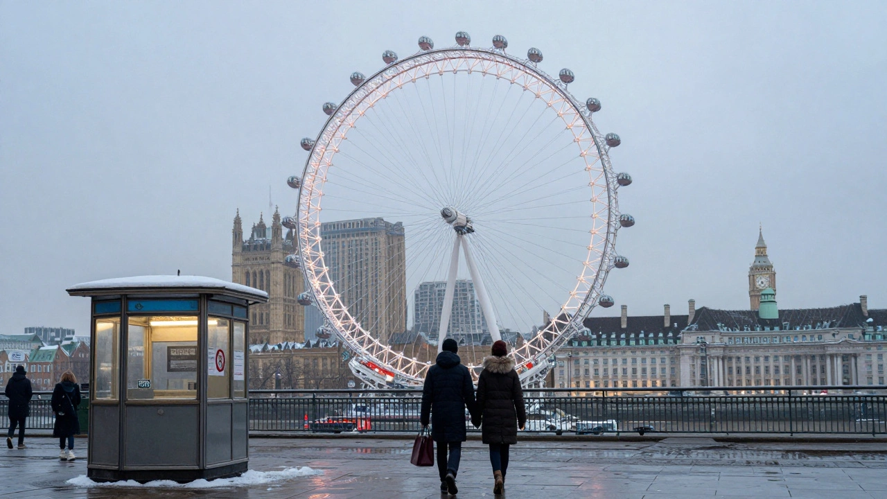 Snow-dusted London Eye at dusk with a couple walking away on the Southbank in winter.