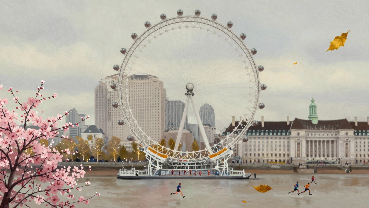 The London Eye as a symbolic clock, surrounded by seasonal scenes of London life.