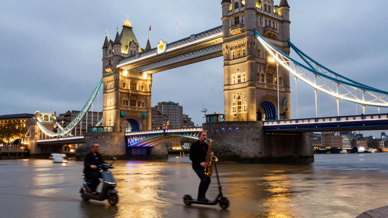 Tower Bridge at twilight, its lights reflected in flooded Thames water, a saxophonist playing below in soft focus.