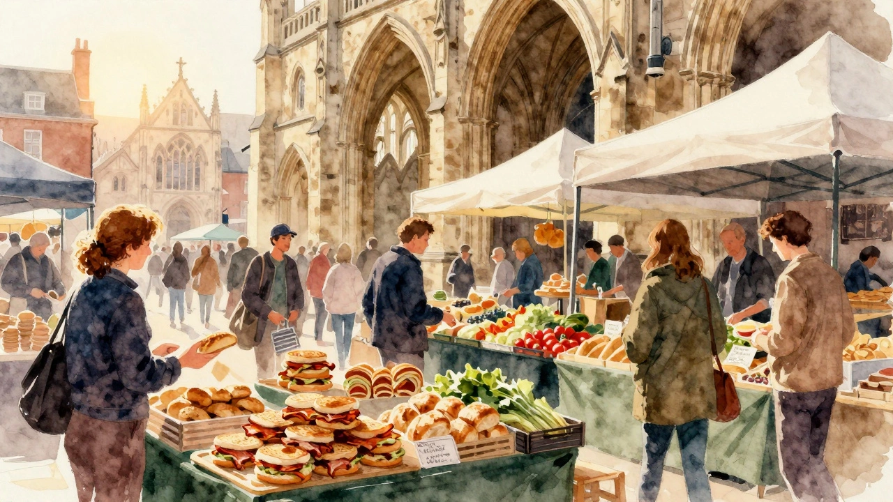 Vibrant Borough Market stalls with food and customers under the shadow of Southwark Cathedral.