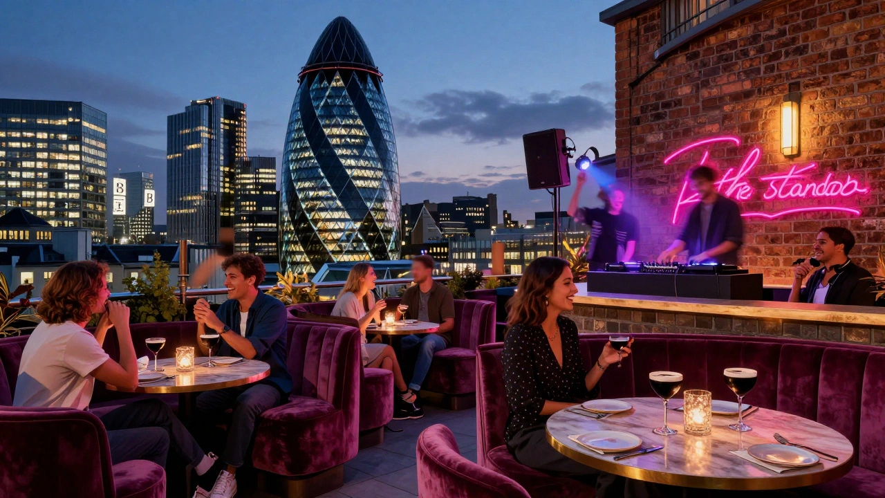 Vibrant rooftop bar scene at The Standard with velvet booths, cocktails, and city lights under twilight sky.