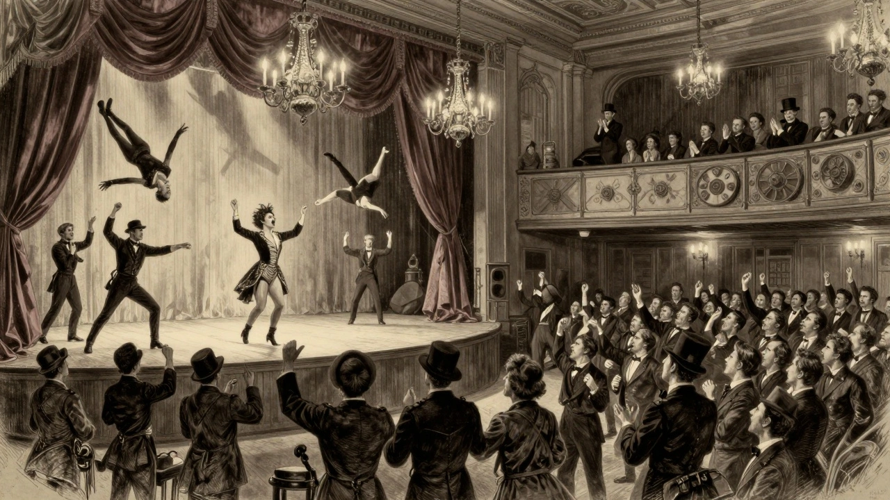 Victorian music hall performance with drag act and cheering working-class audience.