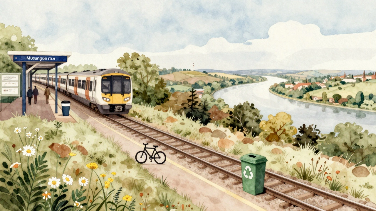 Watercolor journey map connecting London to countryside viewpoints with symbols of sustainable travel and nature.