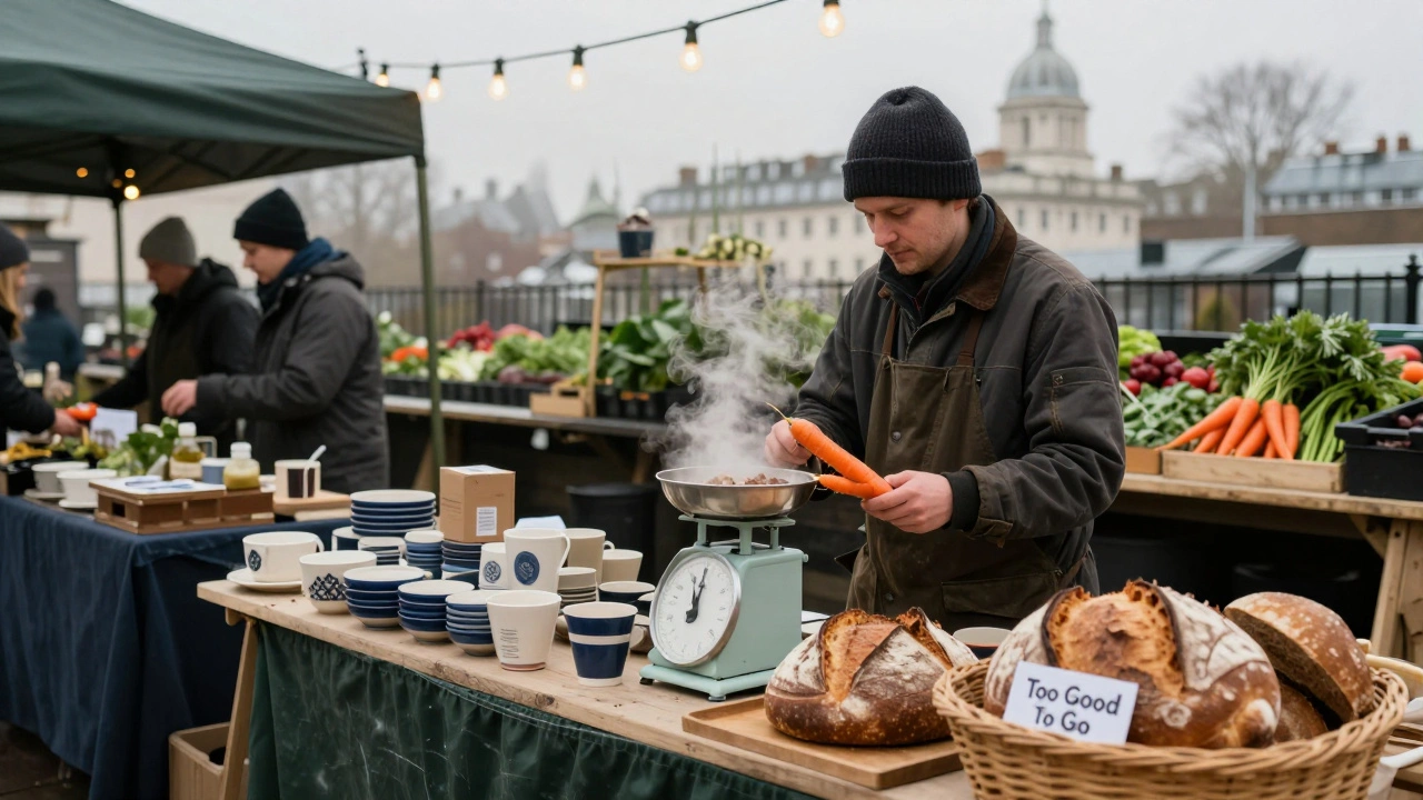 Winter market stall selling organic vegetables and surplus bread in Greenwich.