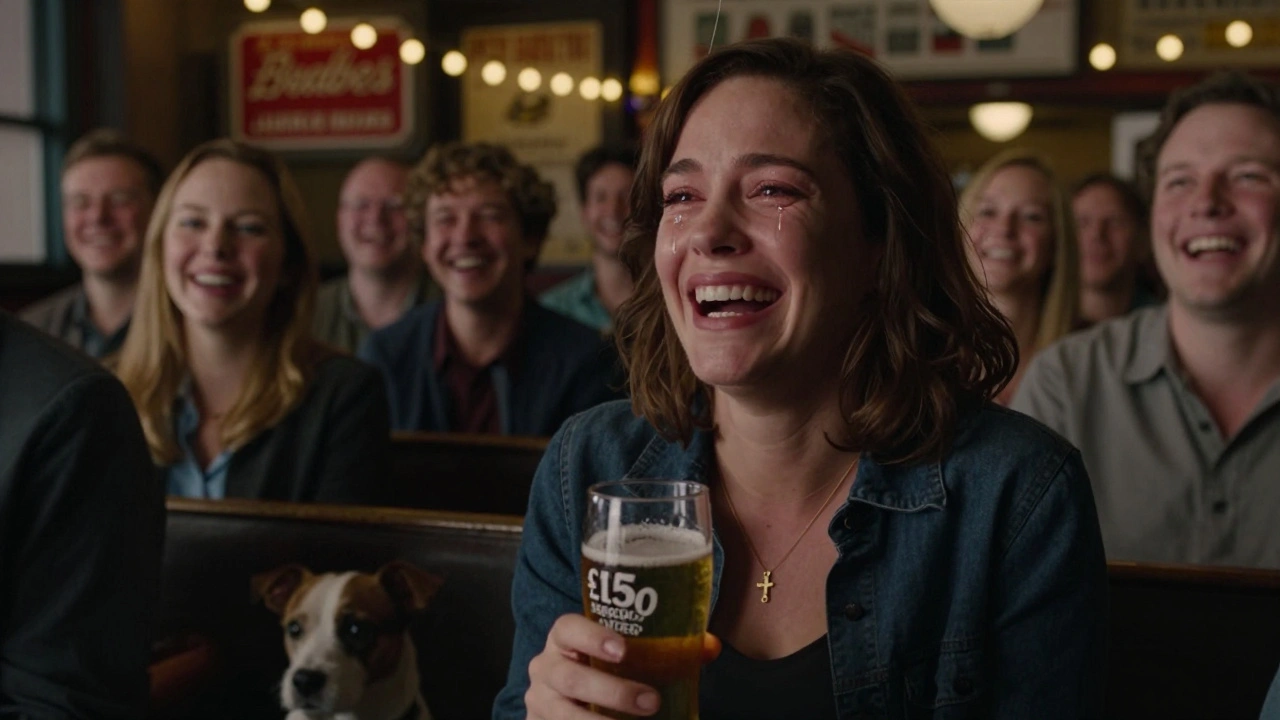 Woman laughing with tears, holding cider at a small pub comedy show with a dog at her feet.