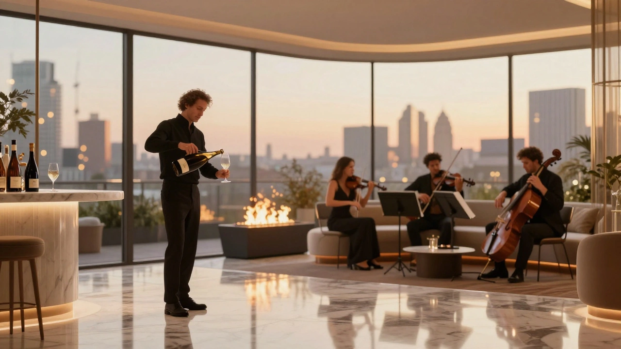 A glass-walled suite with a sommelier pouring rare champagne, fire pits glowing beyond a rooftop terrace.