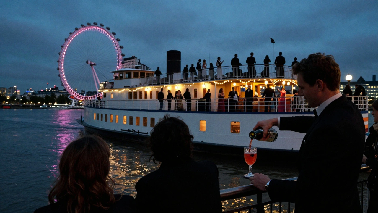 A historic riverboat cruising the Thames at night with dancers and the London Eye glowing in the background.