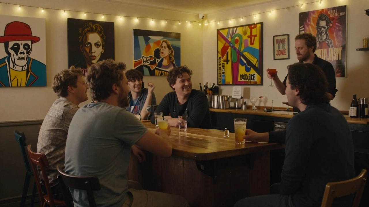 A lively neighborhood bar with mismatched chairs, local art on walls, and a bartender serving cocktails to laughing patrons at night.