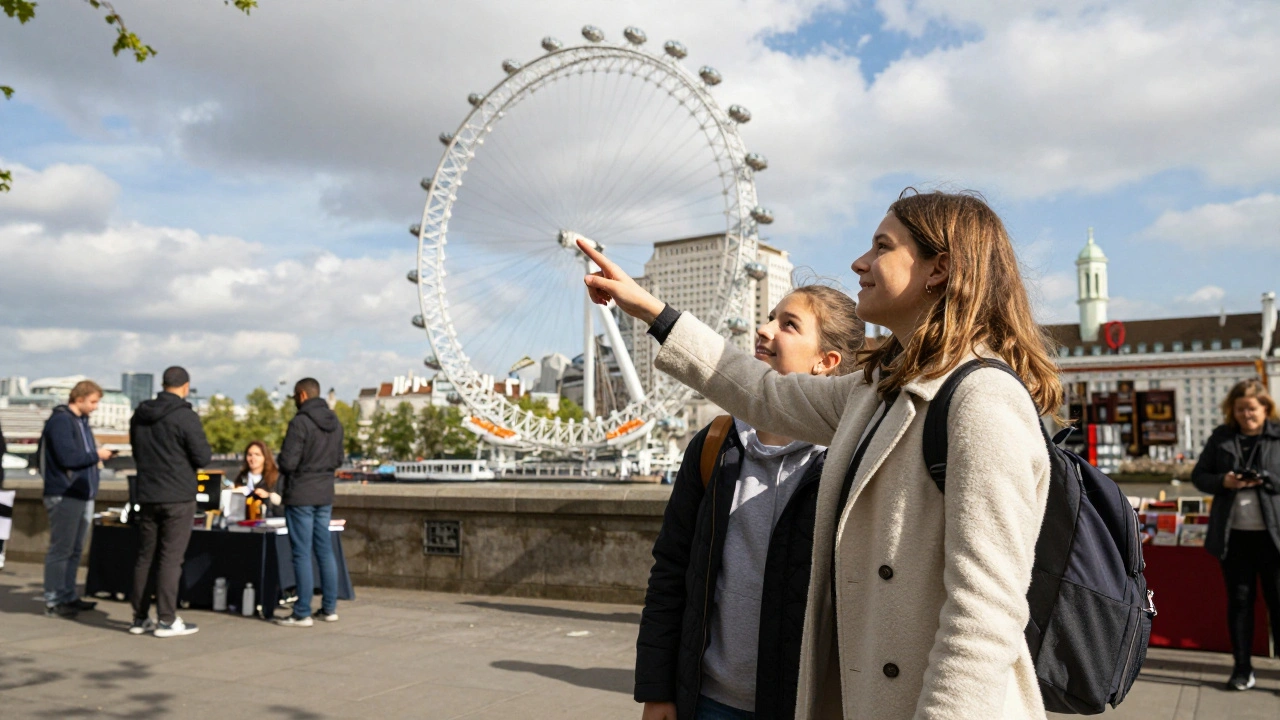 A local and her daughter on the South Bank, looking up at the London Eye amid street artists and river views.