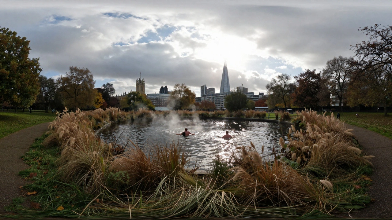 A panoramic view of London’s skyline from Parliament Hill at Hampstead Heath, with swimmers emerging from a pond below.