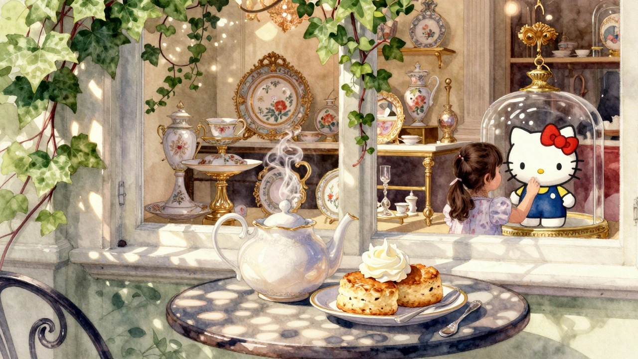 A peaceful afternoon at the V&amp;A's Garden Café with tea, scones, and a glimpse of Hello Kitty in a display case.