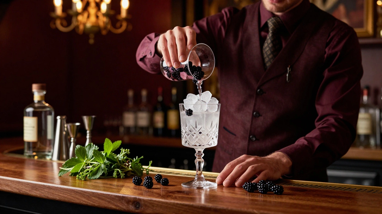 An elegant bar setting with a bartender crafting a cocktail using wild blackberries and fresh herbs, lit by golden chandeliers.