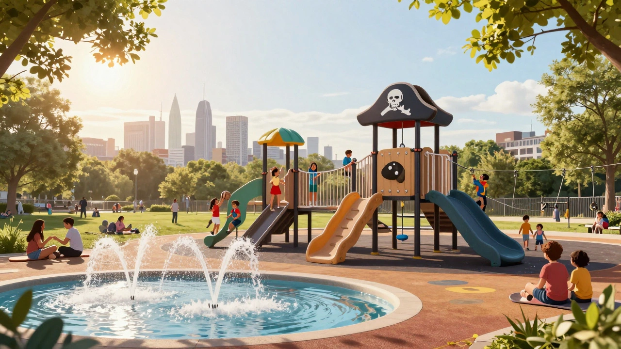 Children play on a pirate playground in Victoria Park with London skyline behind.