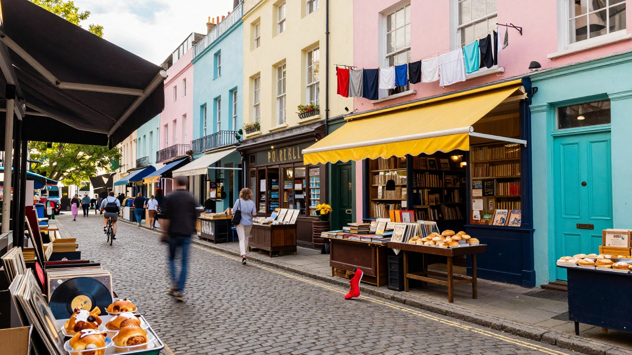 Colorful Portobello Road market with pastel buildings and a red sneaker on cobblestones.