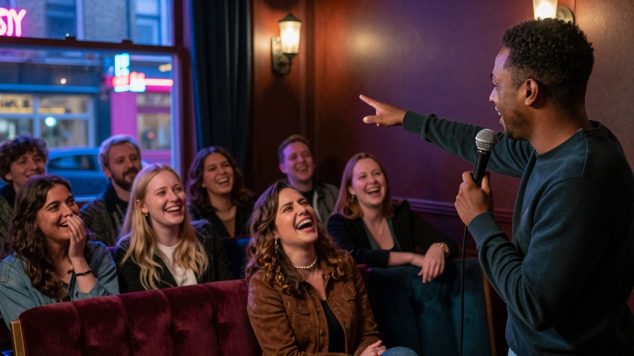 Comedian interacting with laughing audience at The Glee Club in Soho with neon lights outside