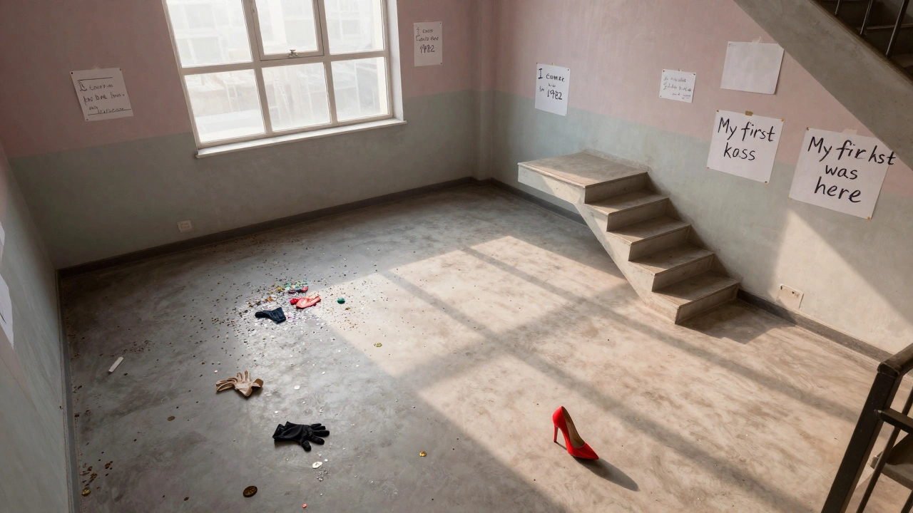 Empty dancefloor at dawn with glitter and handwritten notes on walls, a single pair of heels left behind.