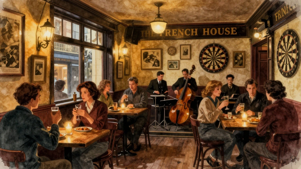 Historic Soho pub with live jazz and vintage decor.