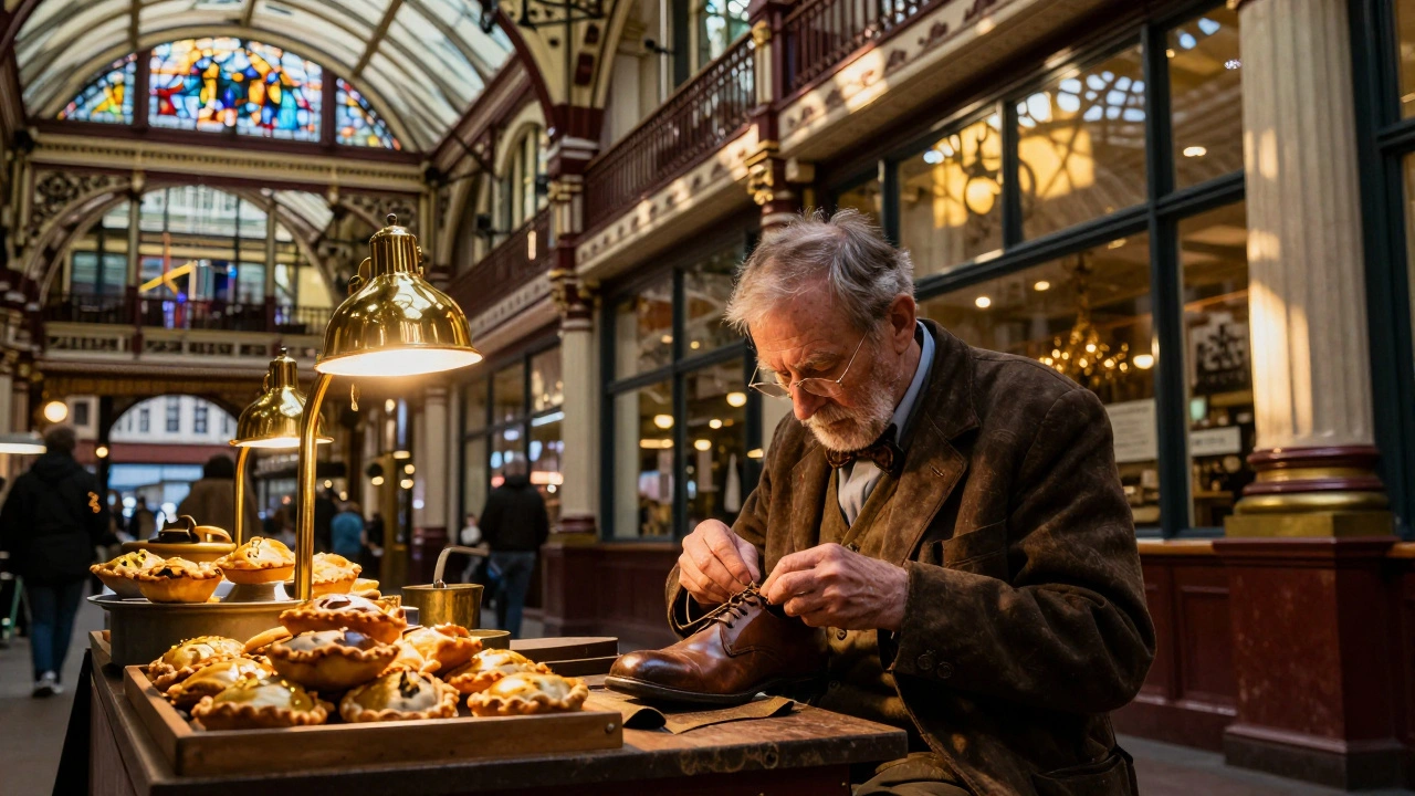Leadenhall Market’s glass arcade glowing with amber light, a cobbler at work amid historic architecture.