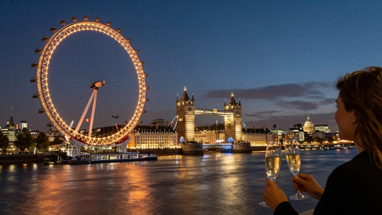 Nighttime view from the London Eye as city lights glow and the wheel casts a warm amber reflection on the river.
