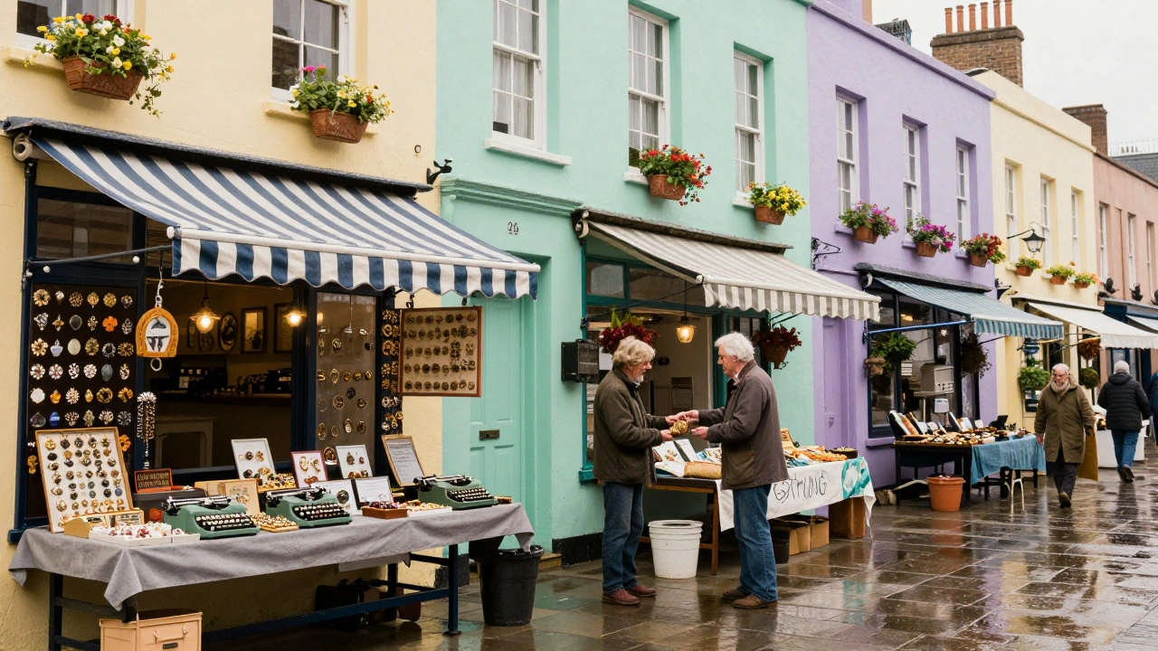 Pastel-toned Portobello Road with antique stalls and a fishmonger offering a scallop in the morning light.