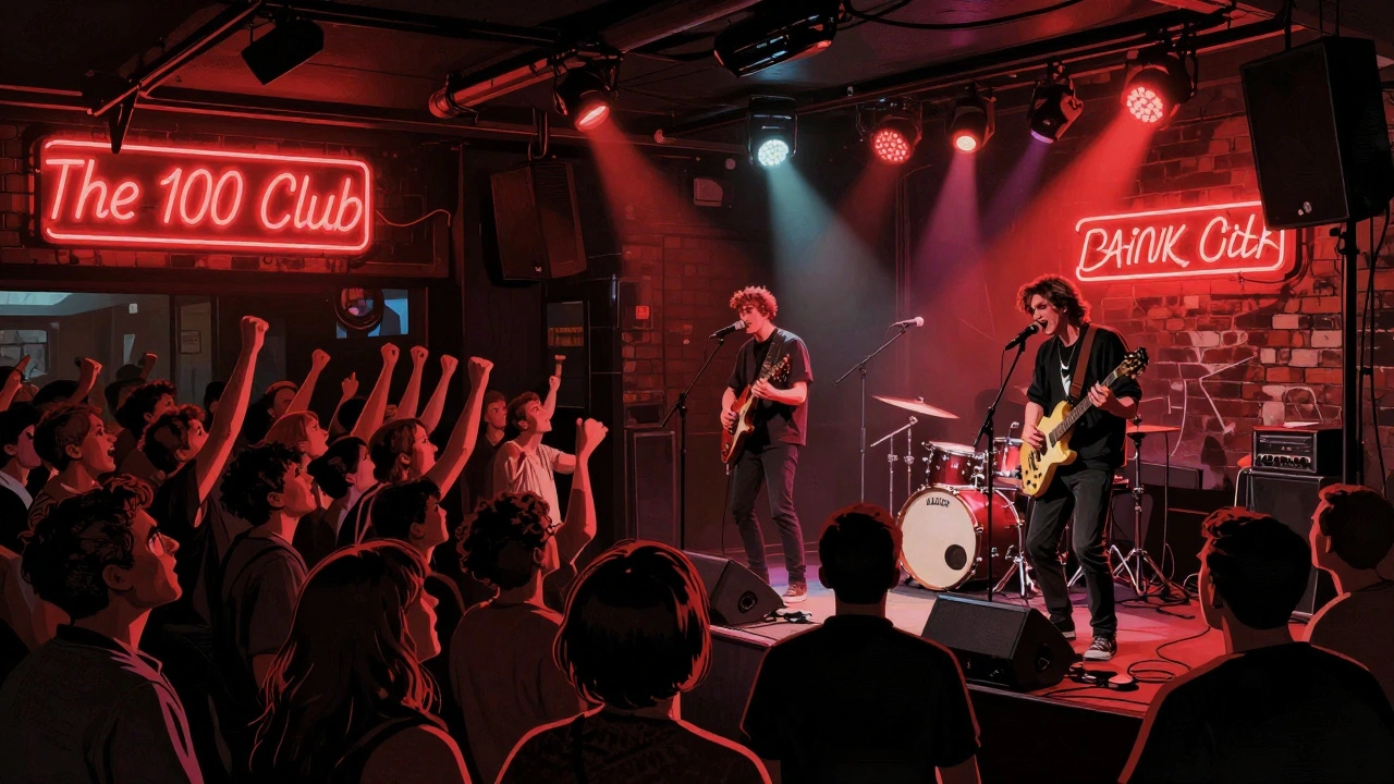 Punk band playing at The 100 Club with a crowd of enthusiastic fans