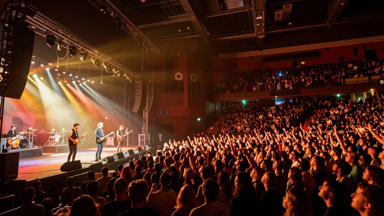 Rock band performing on stage at O2 Academy Brixton with a cheering crowd