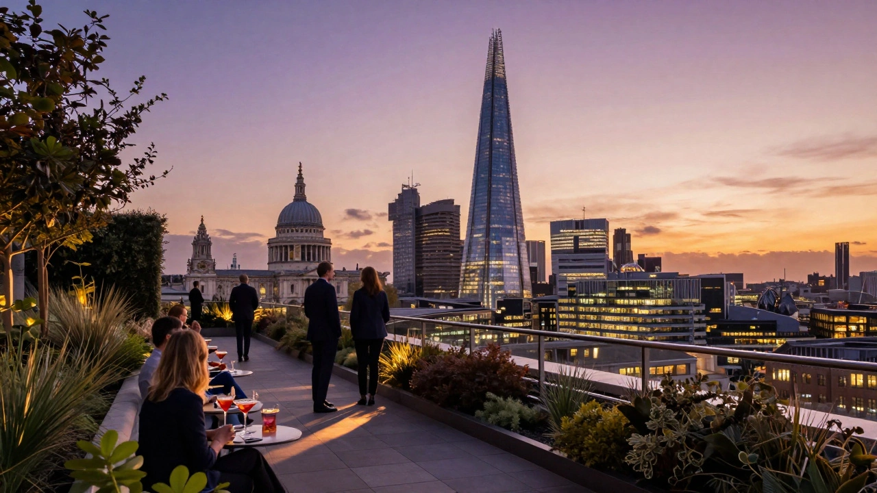 Rooftop bar with panoramic London skyline at sunset.