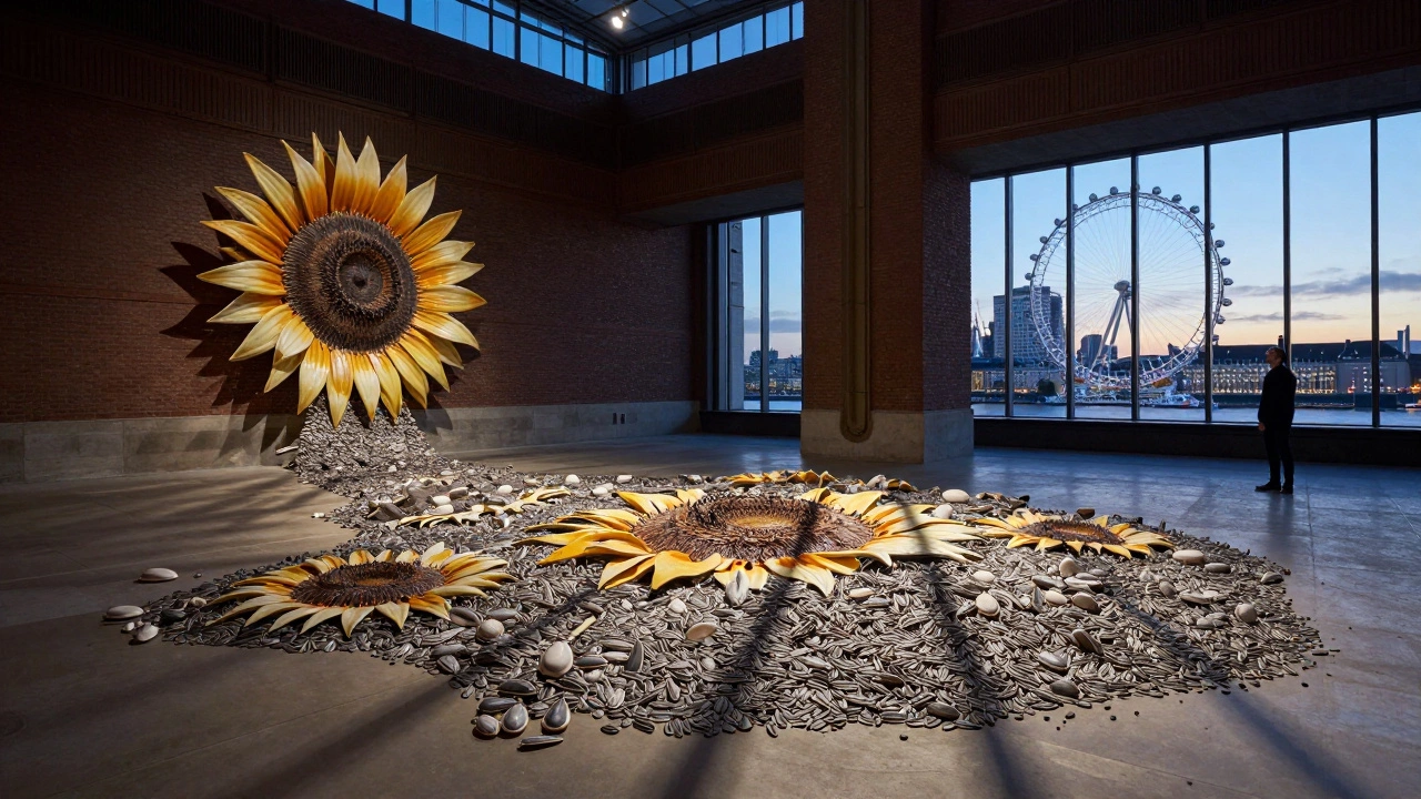 Tate Modern's Turbine Hall with an expansive installation of ceramic sunflower seeds under soft, moody lighting.